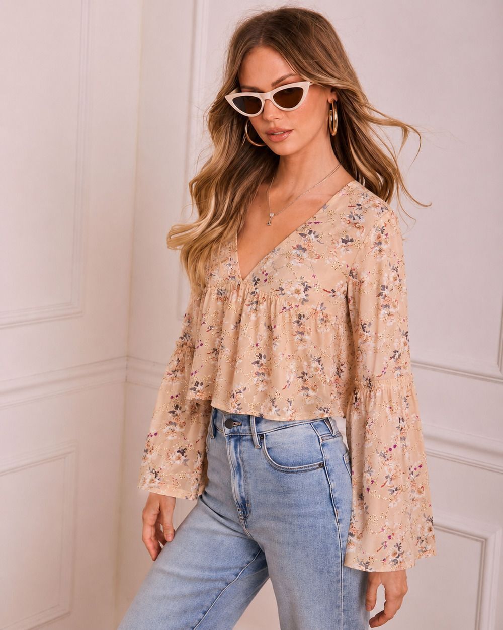 Pink Lily Floral Bell Sleeve Boho Cottagecore Embroidered Blouse Size S Fairy
